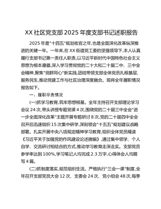 XX社区党支部2025年度支部书记述职报告