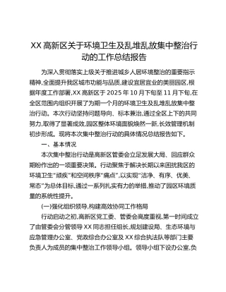 XX高新区关于环境卫生及乱堆乱放集中整治行动的工作总结报告
