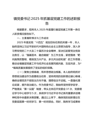 镇党委书记2025年抓基层党建工作的述职报告