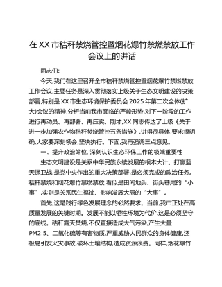 在XX市秸秆禁烧管控暨烟花爆竹禁燃禁放工作会议上的讲话