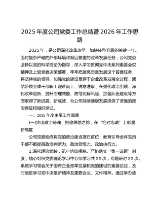 2025年度公司党委工作总结暨2026年工作思路