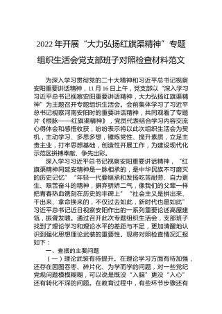 2022年开展“大力弘扬红旗渠精神”专题组织生活会党支部班子对照检查材料范文