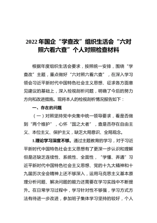 2022年国企“学查改”组织生活会“六对照六看六查”个人对照检查材料