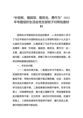 “补短板、强弱项、敢担当、勇作为”2022年专题组织生活会党支部班子对照检查材料