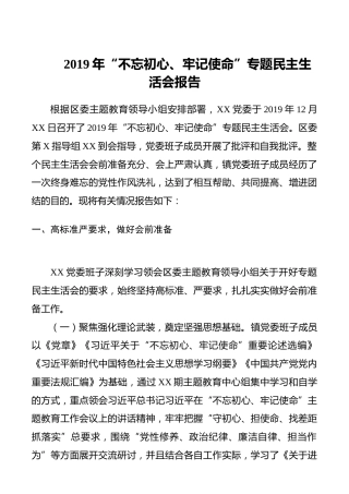 2019年“不忘初心、牢记使命”专题民主生活会报告
