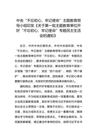 中央“不忘初心、牢记使命”主题教育领导小组印发《关于第一批主题教育单位开好“不忘初心、牢记使命”专题民主生活会的通知》