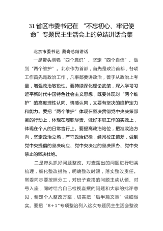 31省区市委书记在 “不忘初心、牢记使命”专题民主生活会上的总结讲话合集