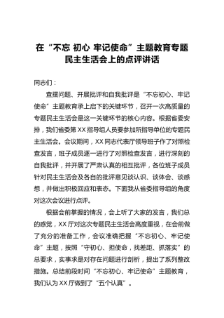 在“不忘 初心 牢记使命”主题教育专题民主生活会上的点评讲话