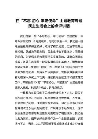 在“不忘 初心 牢记使命”主题教育专题民主生活会上的点评讲话（二）