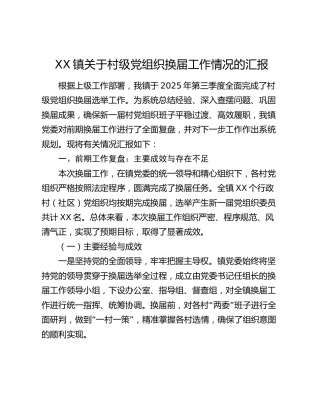 XX镇关于村级党组织换届工作情况的汇报
