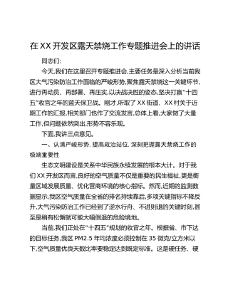 在XX开发区露天禁烧工作专题推进会上的讲话