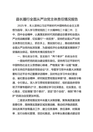 县长履行全面从严治党主体责任情况报告
