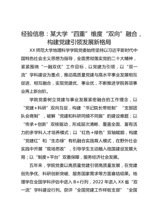 经验信息：某大学“四重”维度“双向”融合，构建党建引领发展新格局