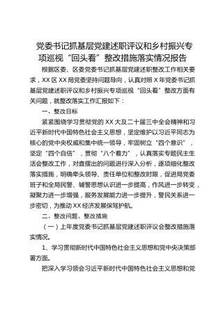 党委书记抓基层党建述职评议和乡村振兴专项巡视“回头看”整改措施落实情况报告