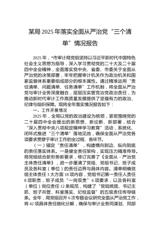 某局2025年落实全面从严治党“三个清单”情况报告