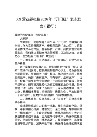 XX营业部决胜2026年“开门红”表态发言（银行）