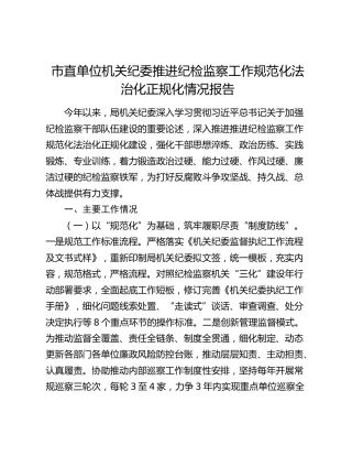 市直单位机关纪委推进纪检监察工作规范化法治化正规化情况报告