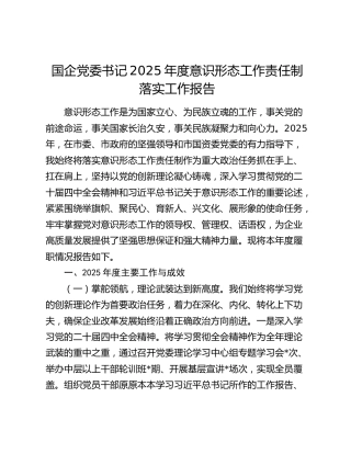 国企党委书记2025年度意识形态工作责任制落实工作报告