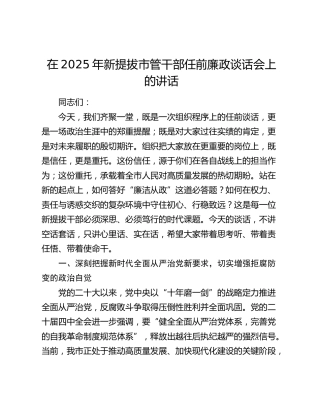 在2025年新提拔市管干部任前廉政谈话会上的讲话