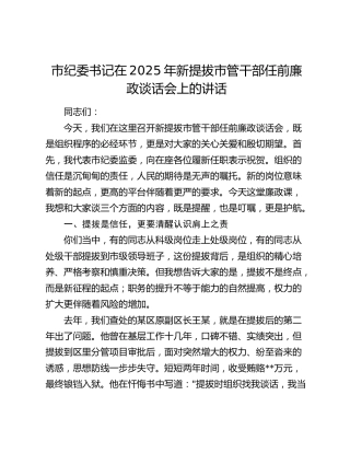 市纪委书记在2025年新提拔市管干部任前廉政谈话会上的讲话