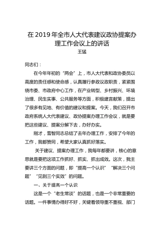 王猛：在2019年全市人大代表建议政协提案办理工作会议上的讲话
