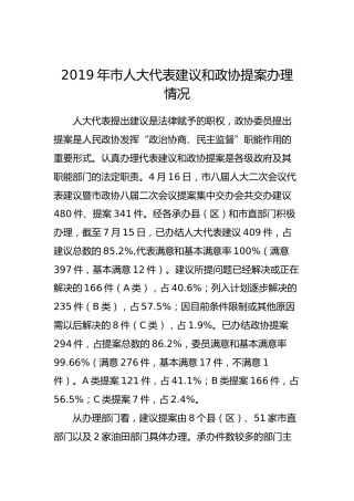 2019年市人大代表建议和政协提案办理情况