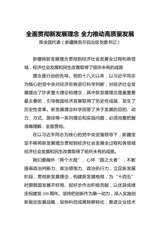 “两会·声音”陈全国：全面贯彻新发展理念全力推动高质量发展