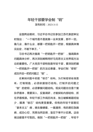 两会学习心得体会：年轻干部要学会制“钥”