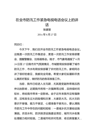 张建慧：在全市防汛工作紧急电视电话会议上的讲话