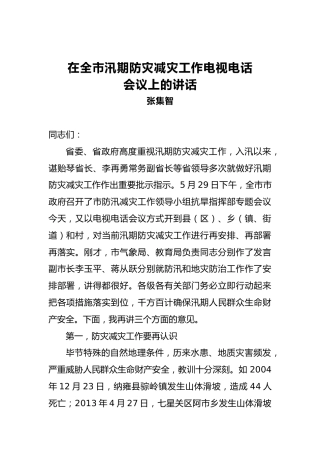 张集智：在全市汛期防灾减灾工作电视电话会议上的讲话