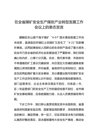 在全省煤矿安全生产煤炭产业转型发展工作会议上的表态发言