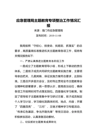 应急管理局主题教育专项整治工作情况汇报