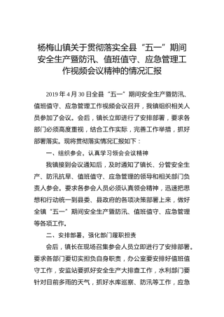 杨梅山镇关于贯彻落实全县“五一”期间安全生产暨防汛、值班值守、应急管理工作视频会议精神的情况汇报