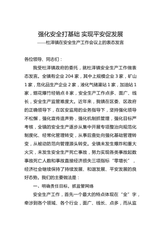 强化安全打基础实现平安促发展——杜泽镇在安全生产工作会议上的表态发言