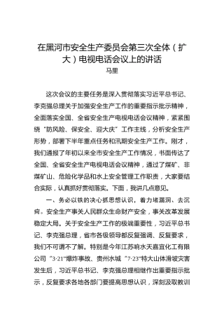 马里：在黑河市安全生产委员会第三次全体（扩大）电视电话会议上的讲话