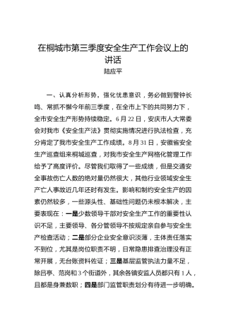陆应平：在桐城市第三季度安全生产工作会议上的讲话