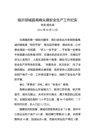 李龙杨永涛：临沂郯城县高峰头镇安全生产工作纪实