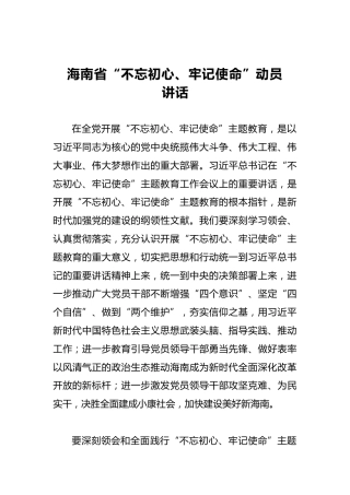 海南省第二批“不忘初心、牢记使命”动员讲话