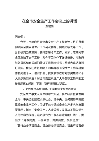贾珉亮：在全市安全生产工作会议上的讲话(1)