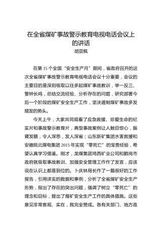 胡亚枫：在全省煤矿事故警示教育电视电话会议上的讲话