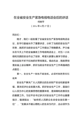 何树平：在全省安全生产紧急电视电话会后的讲话