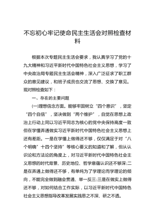 第二批不忘初心牢记使命民主生活会对照检查材料