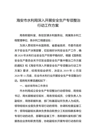 海安市水利局深入开展安全生产专项整治行动工作方案