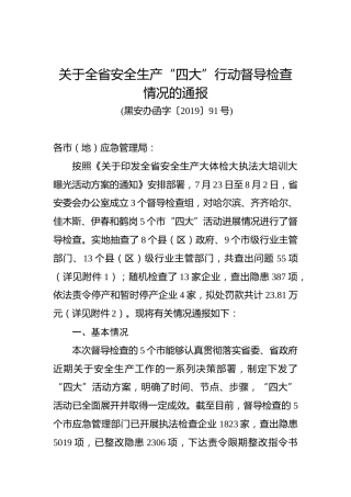 关于全省安全生产“四大”行动督导检查情况的通报