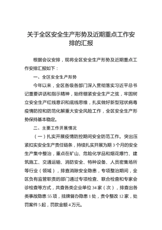 关于全区安全生产形势及近期重点工作安排的汇报