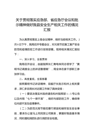 关于贯彻落实应急部、省应急厅会议和批示精神做好我县安全生产相关工作的情况汇报