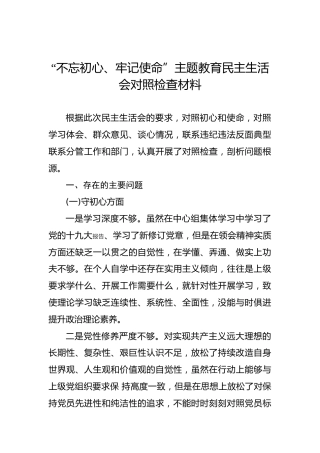 第二批“不忘初心、牢记使命”主题教育民主生活会对照检查材料（三）