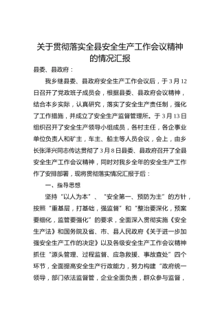 关于贯彻落实全县安全生产工作会议精神的情况汇报