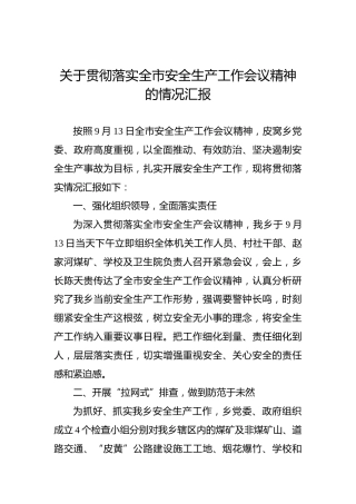 关于贯彻落实全市安全生产工作会议精神的情况汇报