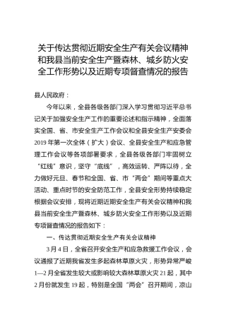 关于传达贯彻近期安全生产有关会议精神和我县当前安全生产暨森林、城乡防火安全工作形势以及近期专项督查情况的报告